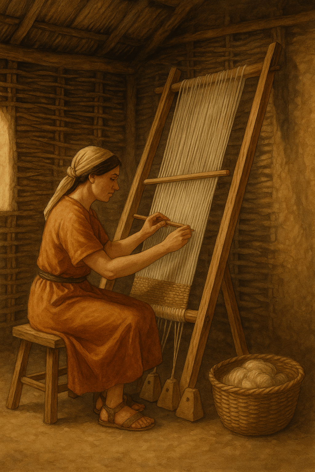 Ricostruzione grafica dell’attività di tessitura (generata con intelligenza artificiale).